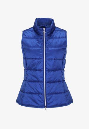 Blaues gepolstertes Weste mit hohem Kragen, Frontreißverschluss und horizontalen Steppabschnitten. Glatte Textur und taillierte Silhouette für Wärme.