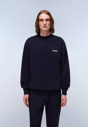 Navy blue sweatshirt in a soft fabric with a crew neckline and ribbed cuffs. Features a small logo on the left chest area.