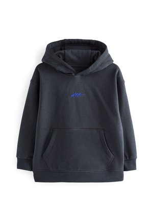 Sweat à capuche gris foncé avec une poche frontale, arborant un logo brodé bleu. Tissu doux avec une coupe décontractée et des poignets côtelés.