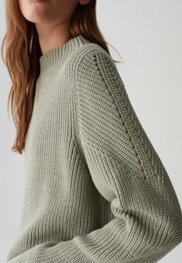Donna che indossa un maglione lavorato a maglia verde chiaro con dettagli decorativi a punto aperto lungo la parte superiore delle maniche, su uno sfondo neutro.
