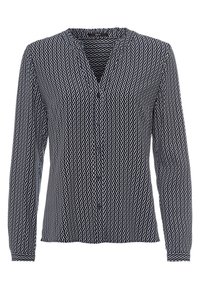 Blusa navy con maniche lunghe, scollatura a V, chiusura con bottoni e un motivo ondulato bianco su tutta la superficie. Tessuto liscio con un leggero lucido.