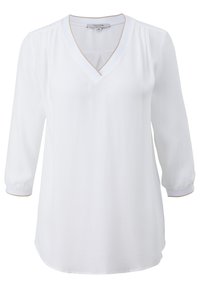 Blusa bianca con scollo a V, maniche 3/4 e bordi dorati lungo lo scollo e i polsini. Realizzata in tessuto leggero e morbido.