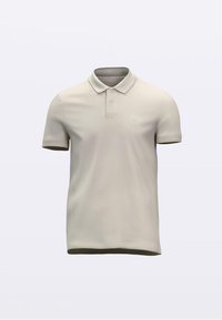 Bézs színű pamut galléros póló, rövid ujjakkal és egy kis logóval a bal mellrészen. Sima felületű anyag.