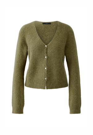 Olivgrüner Cardigan aus weichem, strukturiertem Material mit V-Ausschnitt, langen Ärmeln und fünf Knopfverschlüssen an der Vorderseite.