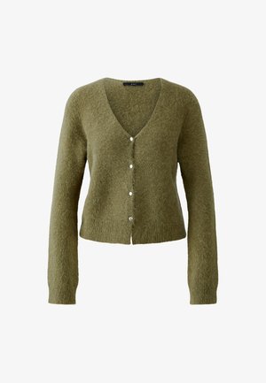 Olive green cardigan made of soft, textured material, featuring a V-neck, long sleeves, and five button closures down the front.