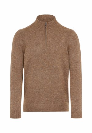 Brown zip-neck knit sweater with long sleeves, textured fabric, ribbed collar and cuffs, and flecks of orange and beige throughout.
