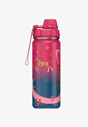 Wasserflasche mit pink-blauem Farbverlauf, dekoriert mit Pferden, Blumen und Hufeisen; ausgestattet mit einem Schraubverschluss und einem seitlichen Griff für einfaches Tragen.
