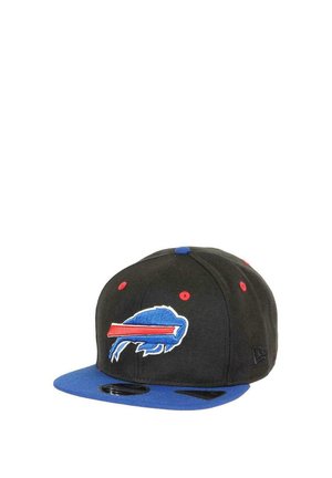 Black cap with a blue brim, featuring a stylized blue buffalo logo in red and white. Red accents on the top and breathing holes.