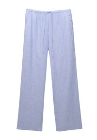 Lichte katoenen pyjamabroek met blauw en witte verticale strepen, elastische tailleband, verstelbaar trekkoord en wijde pijpen.