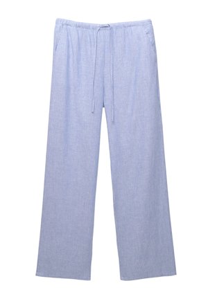 Pantalons de pyjama en coton léger avec des rayures verticales bleues et blanches, taille élastique, cordon de réglage et design à jambes larges.