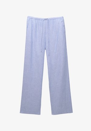 Pantaloni da pigiama in cotone leggeri con strisce verticali blu e bianche, vita elastica, coulisse regolabile e design a gamba larga.