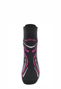 Calzino sportivo nero con motivi astratti rosa e argento, dotato di punta rinforzata e vestibilità aderente. Bordo a coste per una vestibilità sicura.