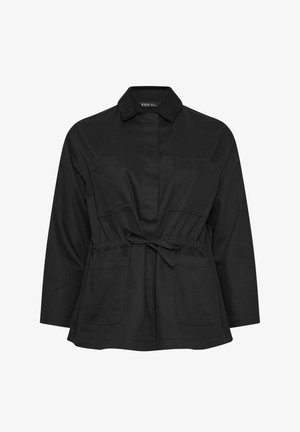 Veste noire à manches longues avec col en velours côtelé, taille ajustable par cordon à l'avant, deux poches poitrine et deux poches plaquées basses.