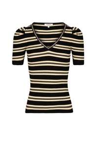 Schwarz-beige gestreifte, kurzärmlige Rippstrickbluse mit V-Ausschnitt und leicht gepufften Schultern.