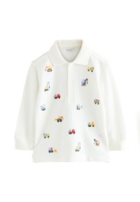 White long-sleeve polo shirt featuring colorful embroidered vehicles, including trucks and construction equipment, evenly distributed across the fabric.