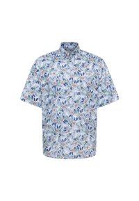 Camicia a maniche corte di colore azzurro chiaro, con un motivo floreale composto da foglie blu e fiori beige su un tessuto texturizzato. Colletto con bottoni.