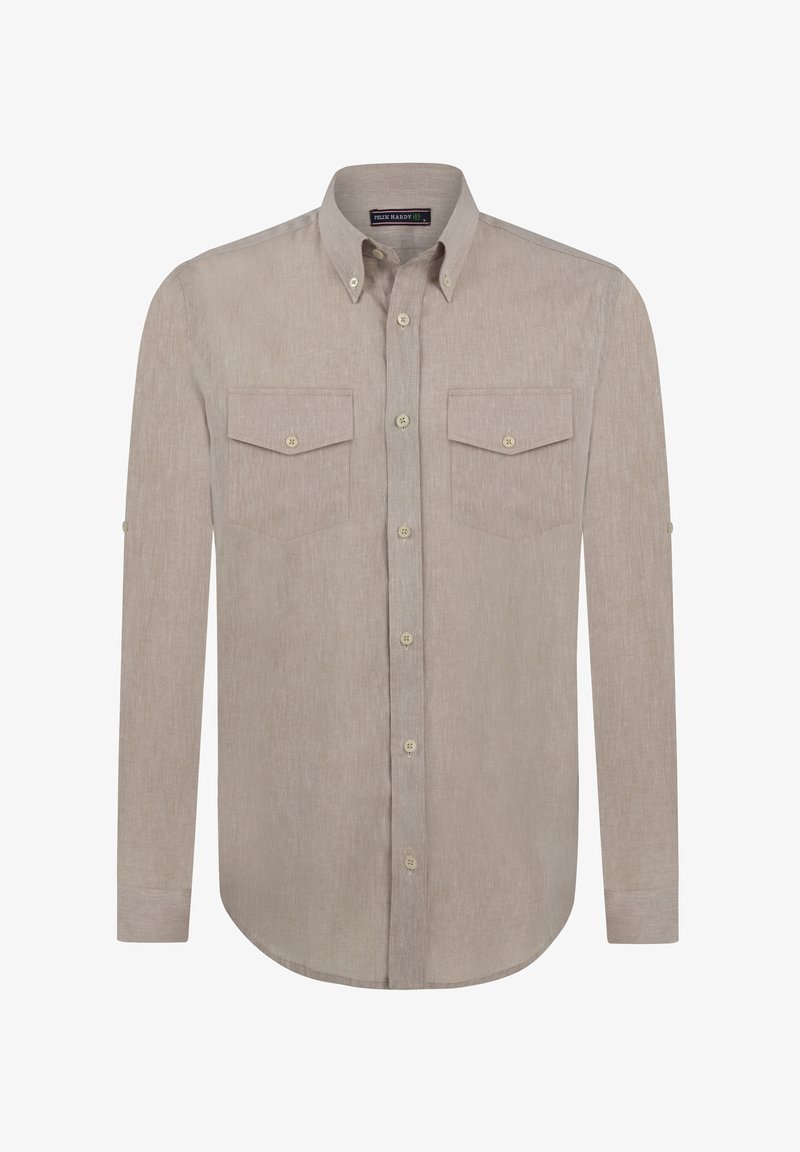 Jasno-beżowa koszula z długim rękawem, zapinana na guziki, wykonana z teksturowanej tkaniny, z dwiema kieszeniami na piersi oraz zaokrąglonym dołem. Posiada akcenty guzikowe oraz możliwość podwójnego zrolowania rękawów.