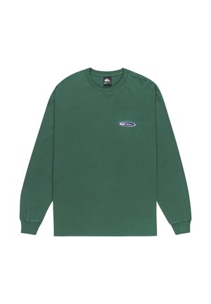 Donkergroene longsleeve crewneck shirt met een klein ovaal logo en de tekst "Tastes Like Heaven" op de bovenkant van de linkerborst.