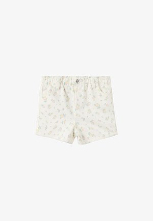 Hvide shorts med elastisk talje og lille pastel blomsterprint samt forlommer, designet til små børn.