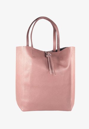 Roze gestructureerde leren shopper met twee handvatten, open bovenkant en een trekkoordsluiting. Vierkante vorm met gladde accenten en geen zichtbaar beslag.