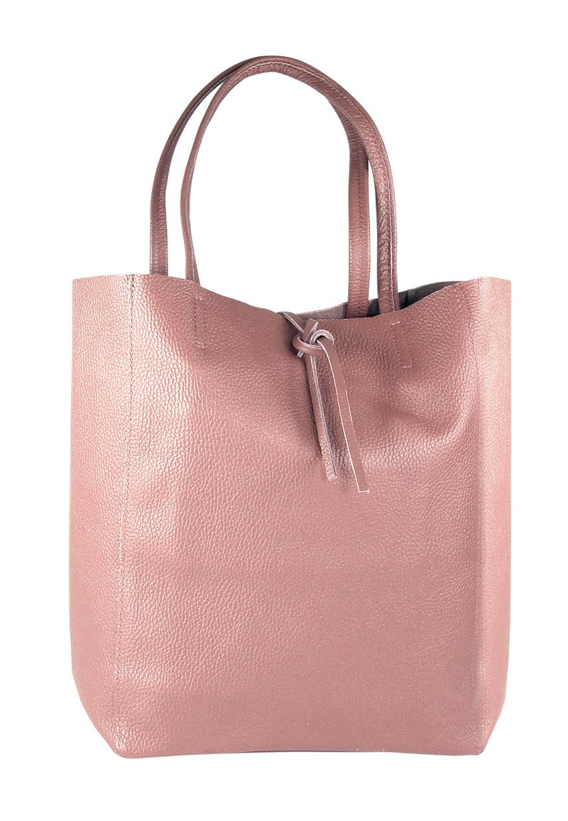 Pink textured leather tote bag with two handles, open top, and a drawstring closure. Square shape with smooth accents and no visible hardware.