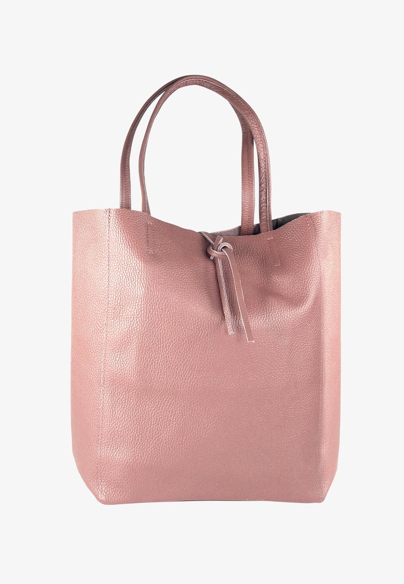 Pink textured leather tote bag with two handles, open top, and a drawstring closure. Square shape with smooth accents and no visible hardware.
