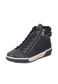 Baskets montantes en cuir noir avec fermeture éclair dorée, devant à lacets, bout rond, dessus texturé et semelle en caoutchouc contrastante avec accents.