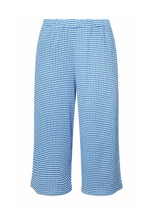 Blå- og hvide ternede løstsiddende bukser med elastisk talje, kappet længde og letvægtsstof til afslappet brug.