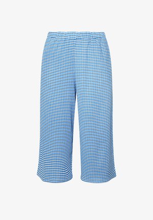 Loszittende broek met blauw-witte ruitjes, elastische tailleband, cropped lengte en lichtgewicht stof, geschikt voor casual kleding.