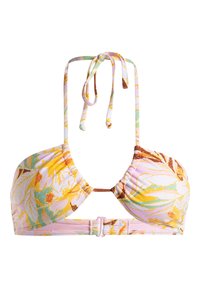 Bloemenbikini-top met een mix van gele, groene en roze tinten, voorzien van verstelbare strikken en een haaksluiting aan de achterkant.