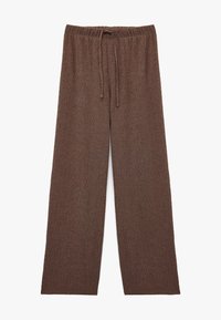 Brune vidbenede bukser med en struktureret overflade, der har en elastisk talje og en snoretræk for justerbar pasform.