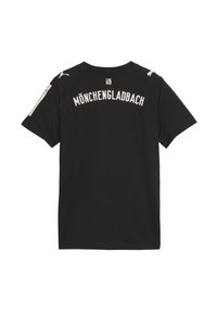 Maglietta nera a maniche corte con "Mönchengladbach" stampato in bianco sul retro. Presenta il marchio sulle maniche e una finitura testurizzata.