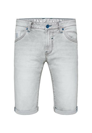 Denim shorts in light gray with a faded finish, rolled cuffs, five pockets, and blue stitching details. Camp David logo on the waistband.