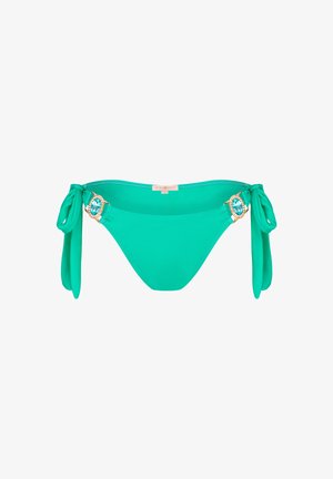 Turkoosinväriset bikinitruser med sidosnören och juveldekorationer. Slät tyg med matt yta, som har en subtil lyster på utsmyckningarna.