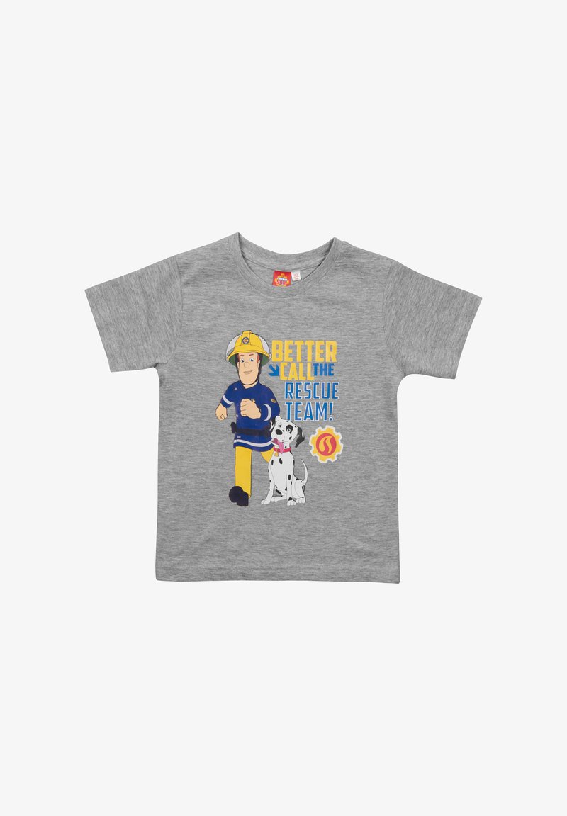 Gray short-sleeve T-shirt featuring a cartoon firefighter and a dog, with blue, yellow, and red graphic text: "BETTER CALL THE RESCUE TEAM!"