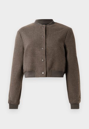 Brown cropped jacket made of textured fabric with a round neckline, front snap closure, and ribbed cuffs and hem.