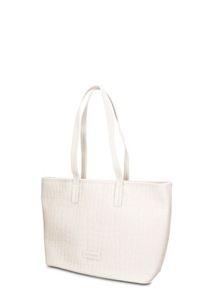 Sac cabas blanc avec longues anses, motif croco texturé et forme rectangulaire, debout sur fond blanc.