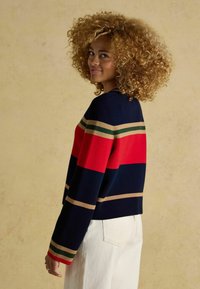 Dunkelblauer Pullover mit kräftigen roten und sandfarbenen Streifen, ausgestattet mit einem gerippten Rundhalsausschnitt und langen Ärmeln. Strukturiertes Strickmaterial.