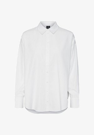 Balts pogu krekls ar klasisku apkakli, garām piedurknēm un izliekta apakšmalu. Audums izskatās gluds ar vienkāršu, asu dizainu.