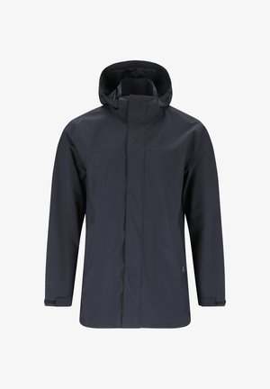 Men’s dark navy waterproof hooded jacket with full front zipper and velcro wrist closures.