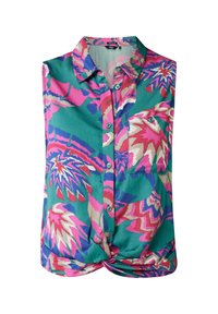 Blouse manches courtes à boutons en turquoise avec un motif floral coloré rose, rouge et beige. Comprend une poche avant et un ourlet noué.