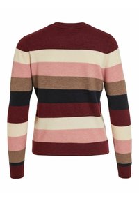 Gebreide trui in bordeauxrood, roze, crème en bruine strepen. Voorzien van een ronde hals en lange mouwen. Zachte textuur met geribbelde boorden en zoom.