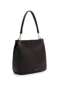 Borsa a tracolla in pelle marrone scuro con una texture liscia, caratterizzata da una sola tracolla e dettagli in metallo argentato. Design semplice e strutturato.