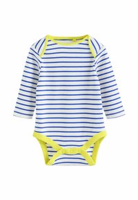 Bodysuit dla niemowląt z długim rękawem w białym kolorze z niebieskimi paskami i żółtymi wykończeniami. Posiada zapięcia na zatrzaski na dole, co ułatwia ubieranie.