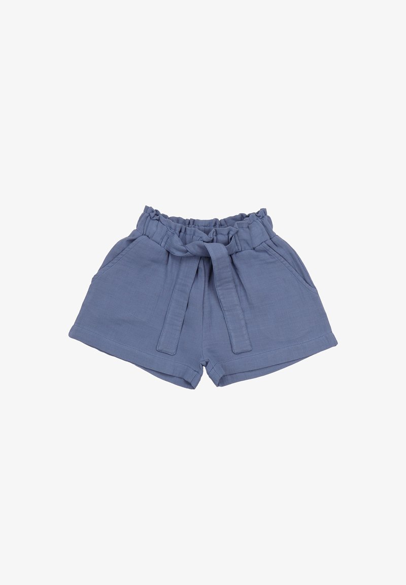 Blue linen shorts with a relaxed fit, elastic waistband, tie detail, and two side pockets. Smooth texture and subtle design.