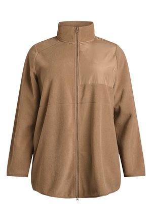 Brown fleece jacket with a high collar, full front zipper, and chest pocket panel in a smooth fabric. Features long sleeves and a relaxed fit.
