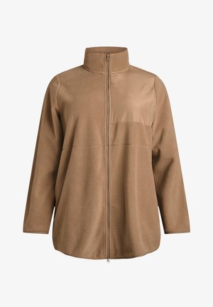 Smeđa flis jakna s visokim ovratnikom, čičak zatvaračem sprijeda i prsnom panelom od glatkog tkanina. Ima dugačke rukave i opušteni kroj.