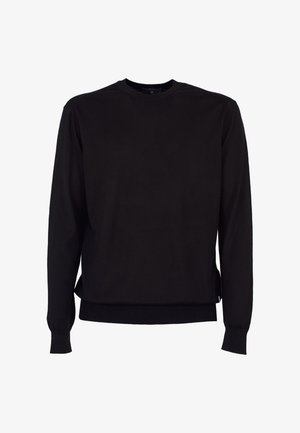 Zwarte trui met lange mouwen, ronde hals, geribde manchetten en zoom, eenvoudig ontwerp, weergegeven op een witte achtergrond.