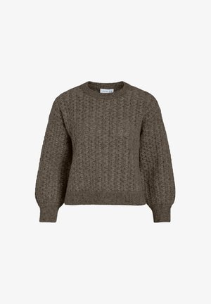 Brauner Strickpullover mit strukturiertem Zickzackmuster, langen Puffärmeln, gerippten Bündchen, Saum und Rundhalsausschnitt.