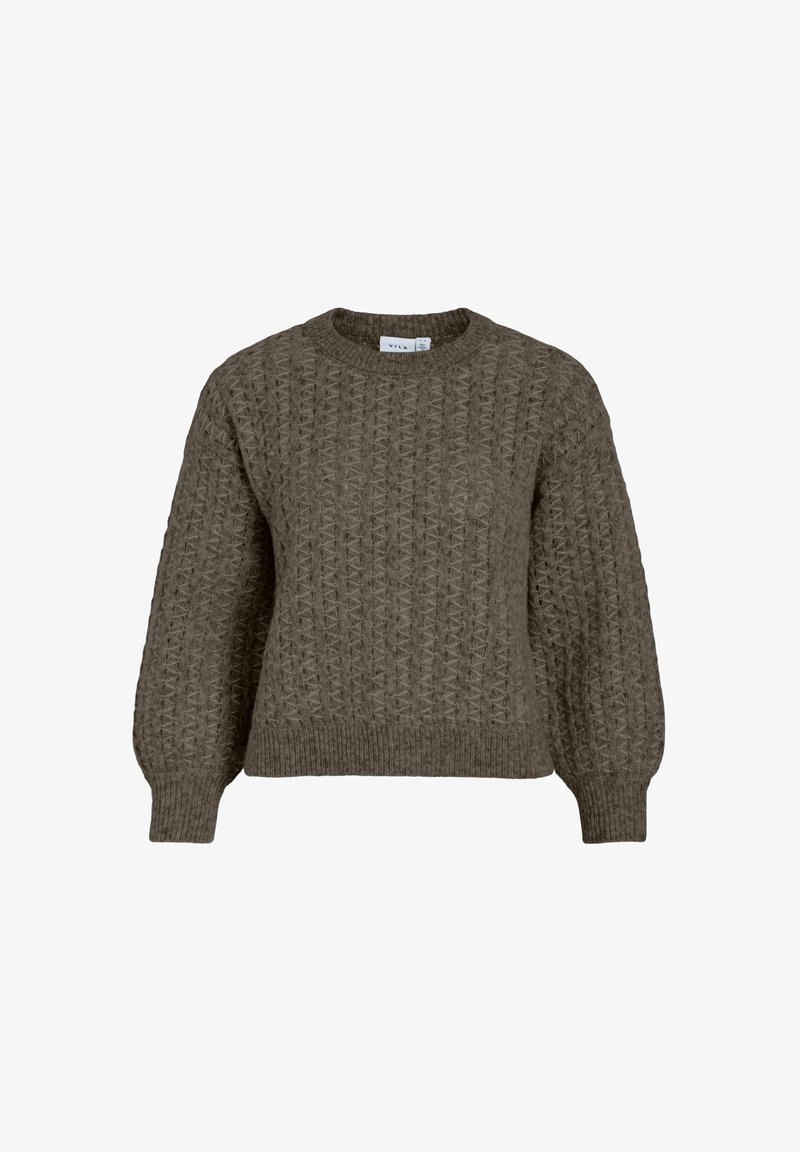 Brun stickad tröja med texturerat zigzag-mönster, långa puffärmar, ribbade muddar, fåll och rundad halsringning.